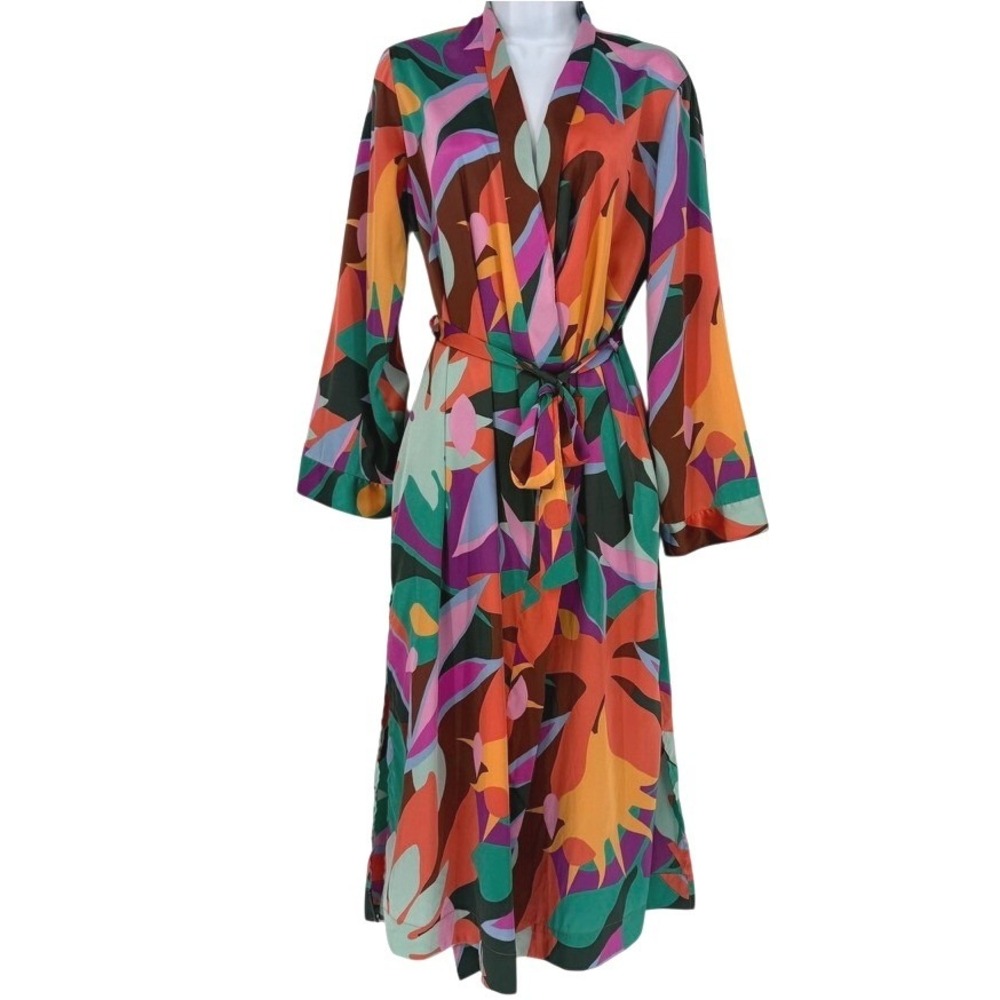 Multicolor Abstract Floral Satin Kimono Duster XS/S Belted Dompamine Maximalist